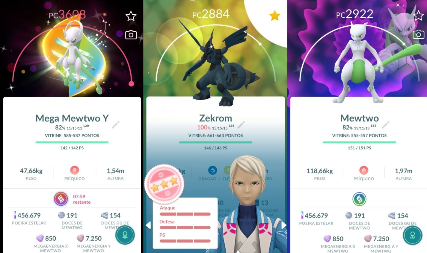 RARIDADE COM ZEKROM SHUNDO MEWTWO SHINY FUNDO E + 5 LENDARIOS SHINY - POKEMON GO