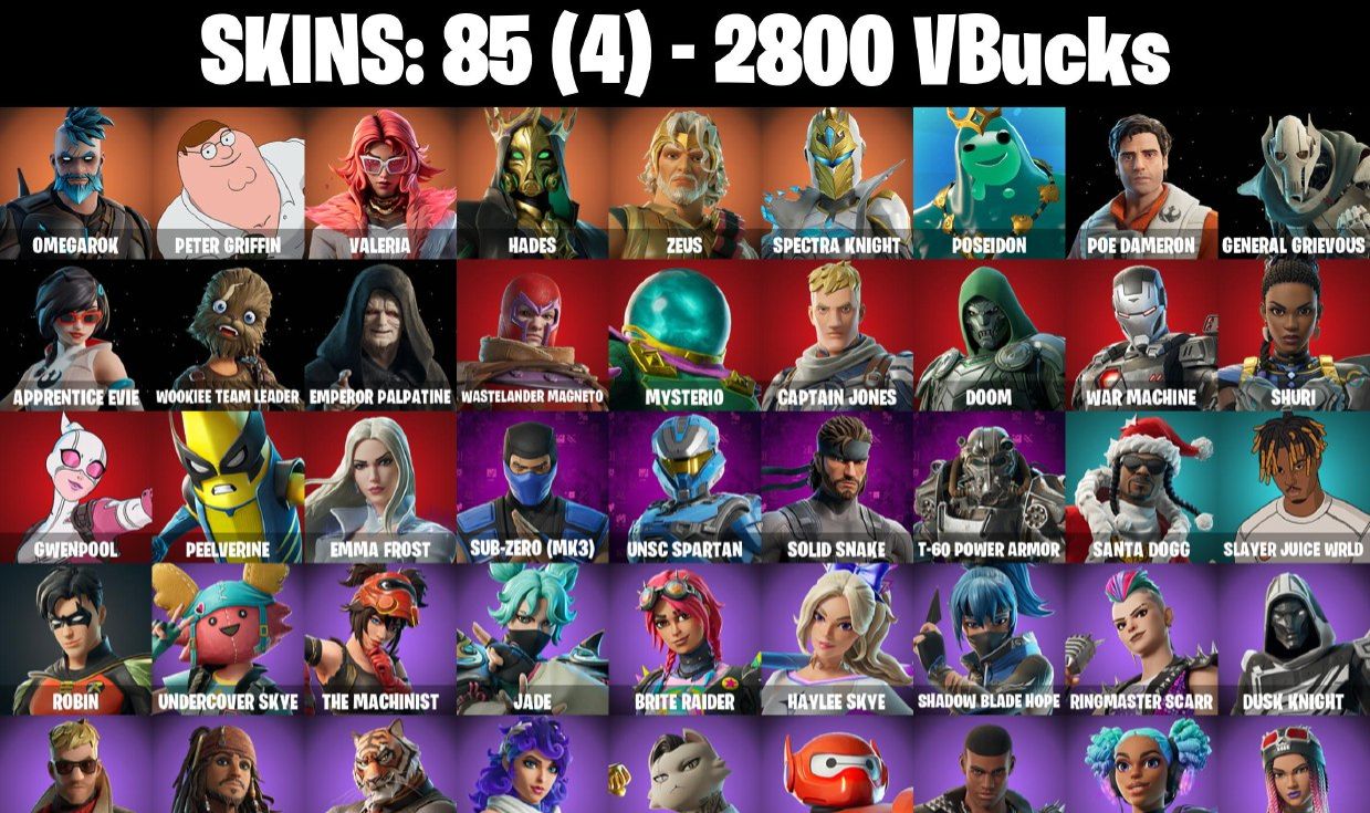 CONTA FORTNITE COM 85 SKINS ROBIN/OMEGAROK/RUST/DOOM/SOLID SNAKE/GWENPOOL