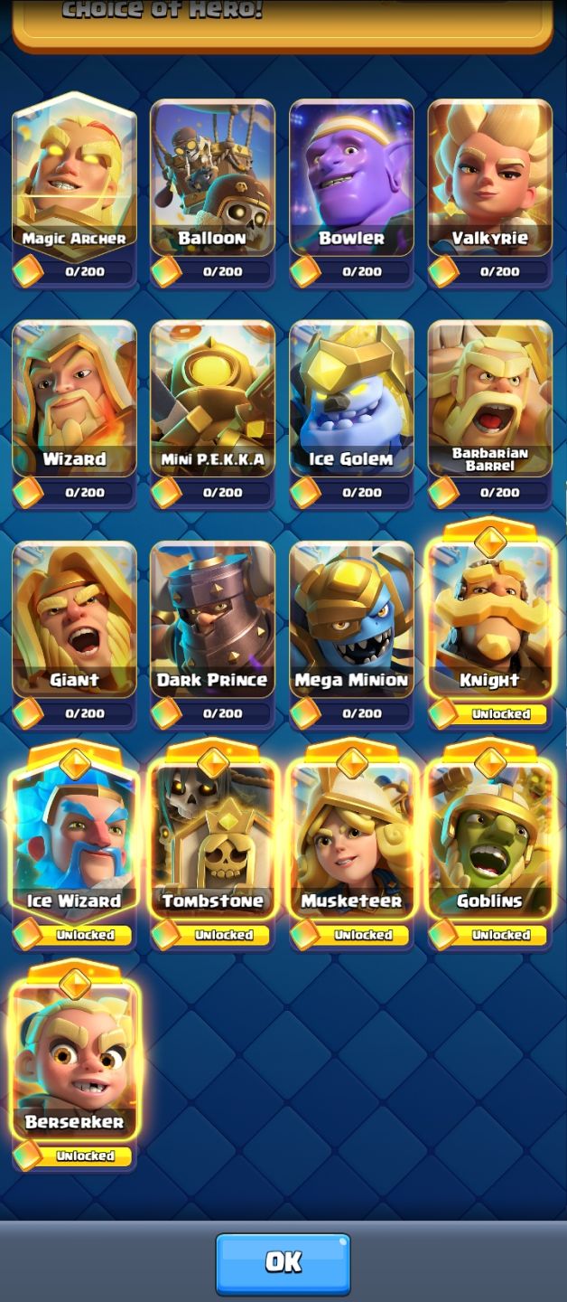 Conta de clash royale, mutos heróis, muitas evoluções, arena 25