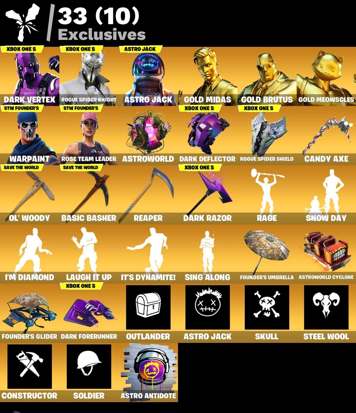 CONTA FORTNITE COM DARK VERTEX, ROGUE SPIDER, ASTRO JACK, OG STW E 95 SKINS