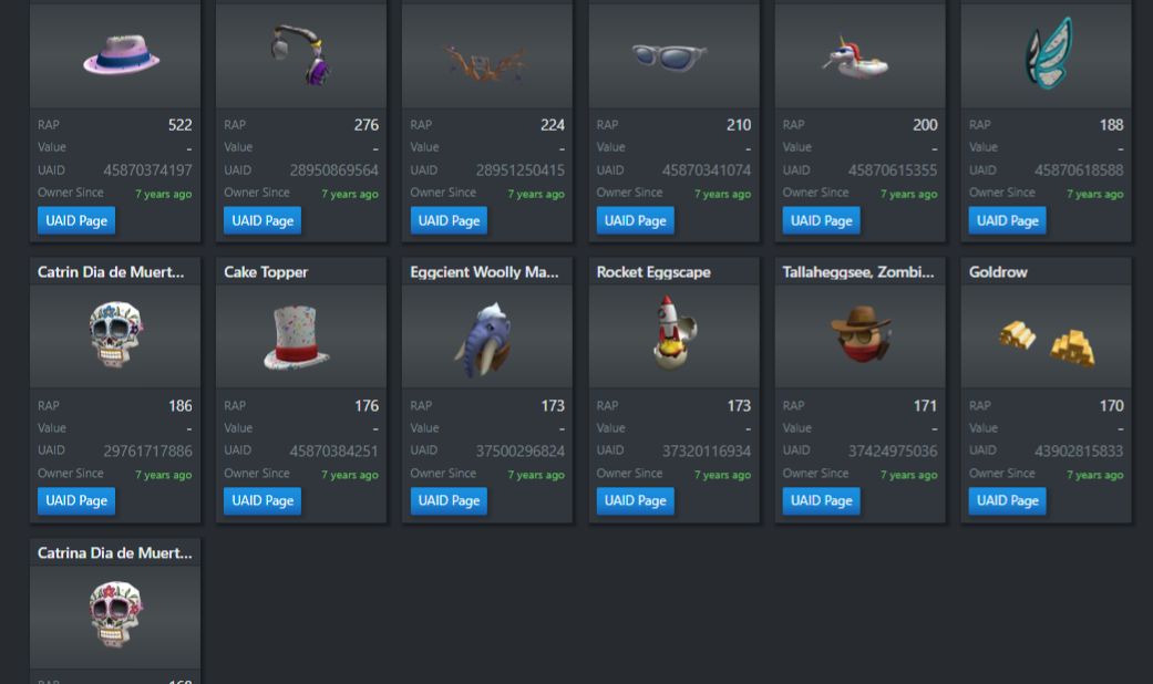 Conta roblox antiga com egghunt 2019 completa e limiteds