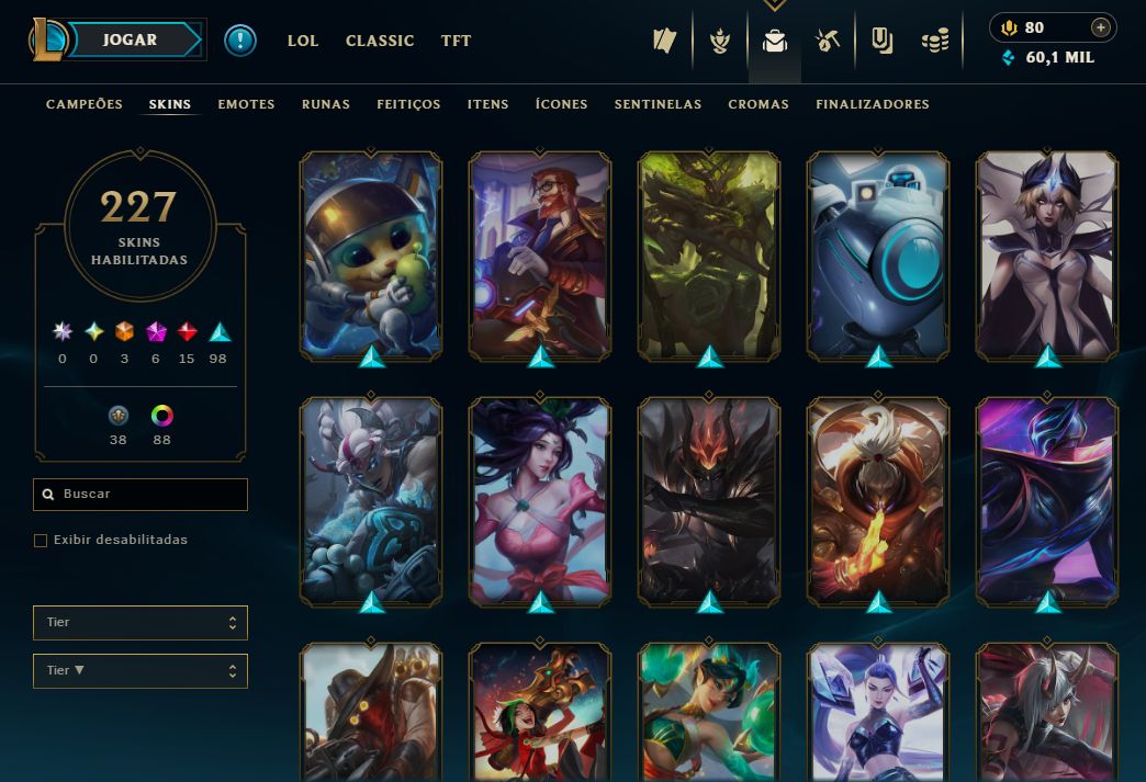 Conta LOL mmr mestre (caiu pra d1 por inatividade) lvl 429, 227 skins