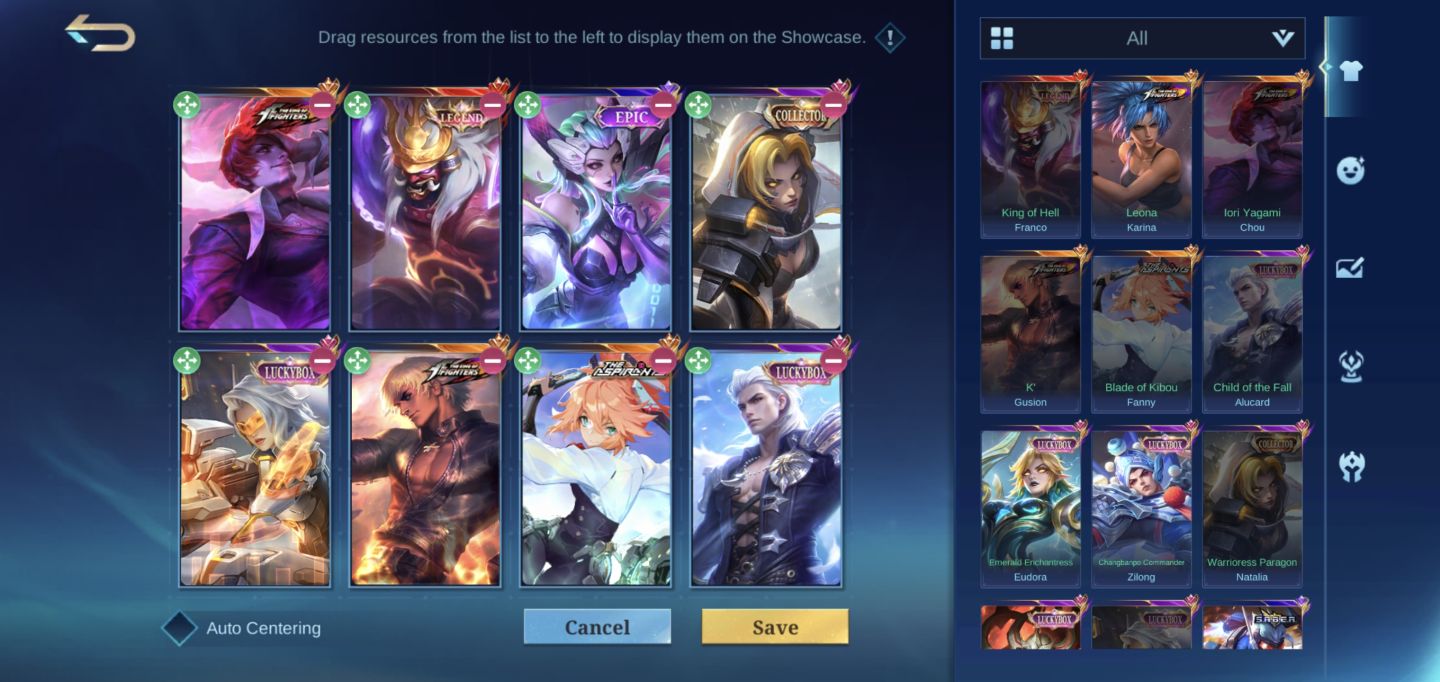 Conta MLBB 285 skins, épicas, aspirants, legend, Kof, Colab. etc