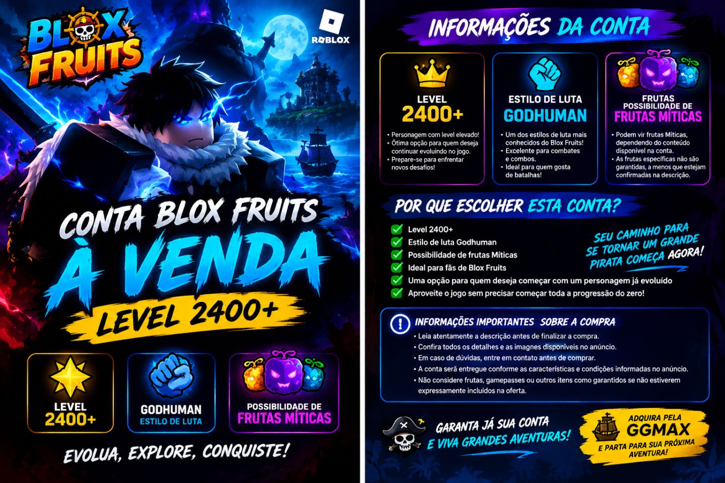 CONTA BLOX FRUITS LEVEL 2400+ | GODHUMAN | POSSIBILIDADE DE FRUTAS MÍTICAS |