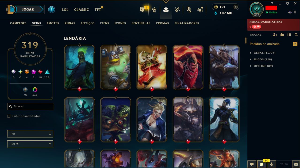 Conta lol Esmeralda - main sup/adc +300 skins e +100 cromas com icones raros.