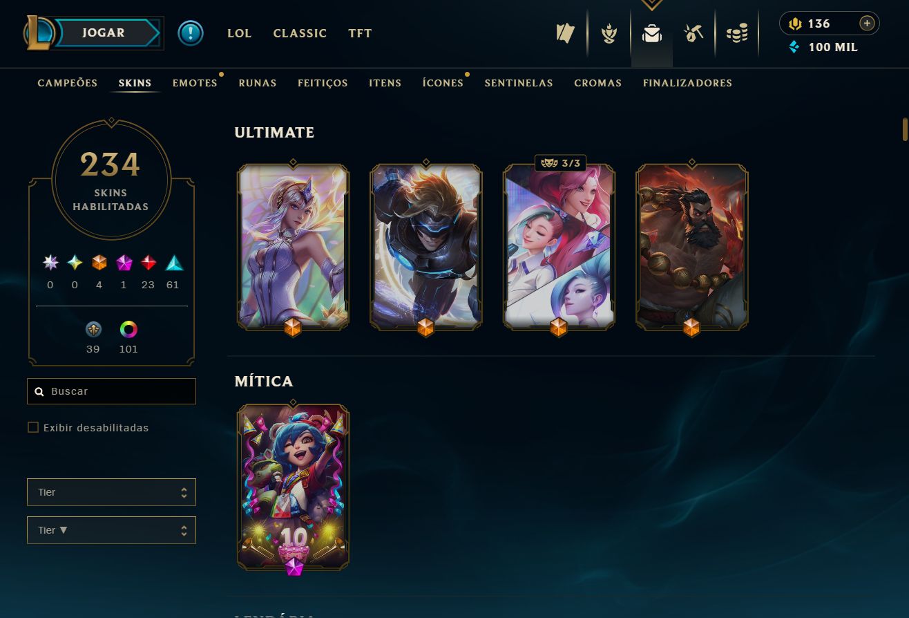 LOL 2014 | D1 75 PDL | EX-MESTRE | 234 SKINS | 4 ULTIMATE | 23 LENDÁRIAS