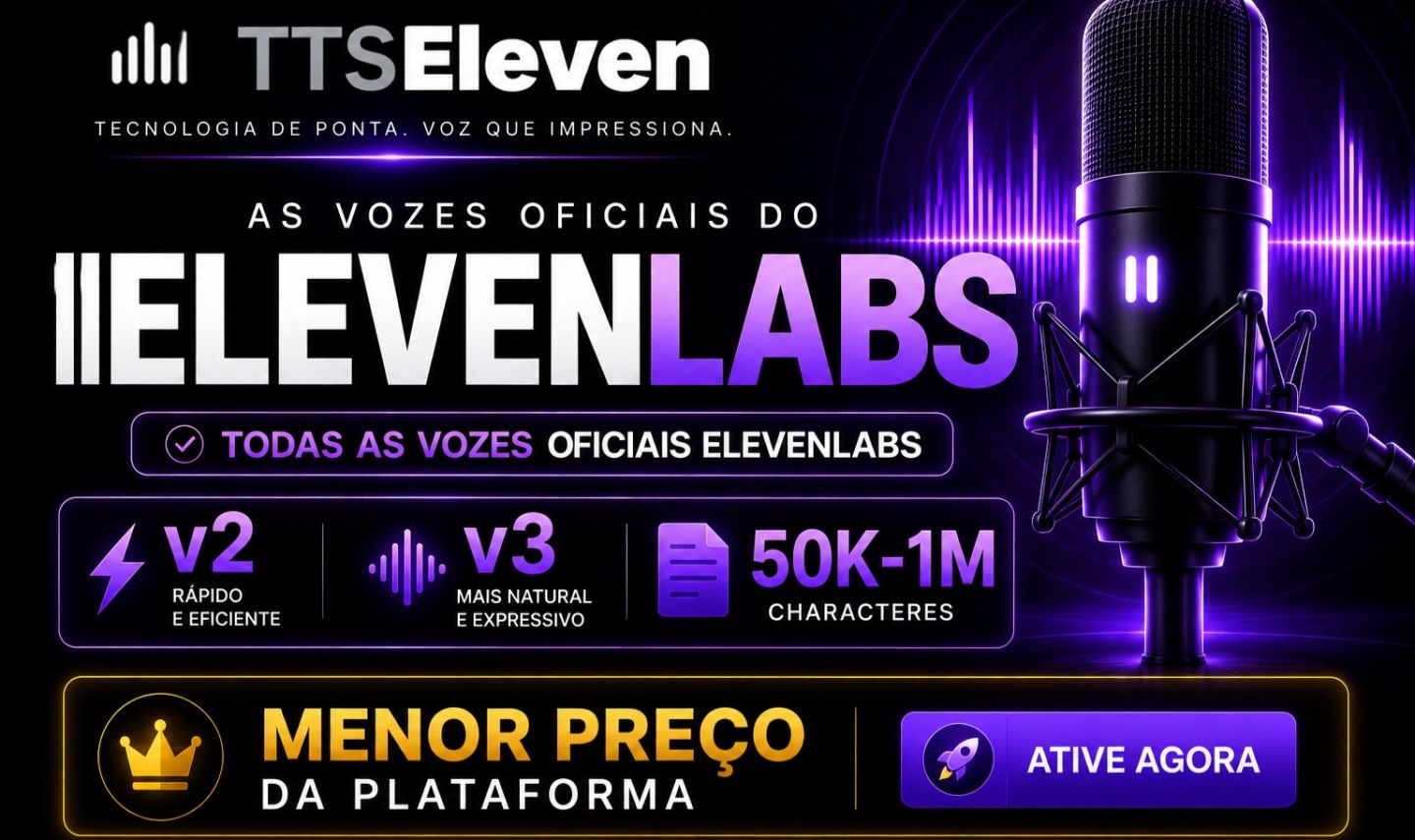 ELEVENLABS | TODAS AS VOZES E MODELOS | DE 50K A 1M | MENOR PREÇO DA PLATAFORMA