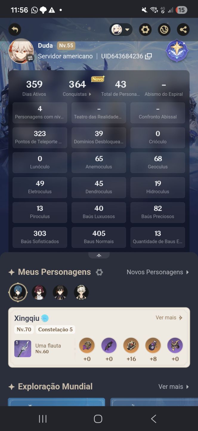 Conta genshin, 9 personagens t5, ar 55, conta antiga t5, ar 55