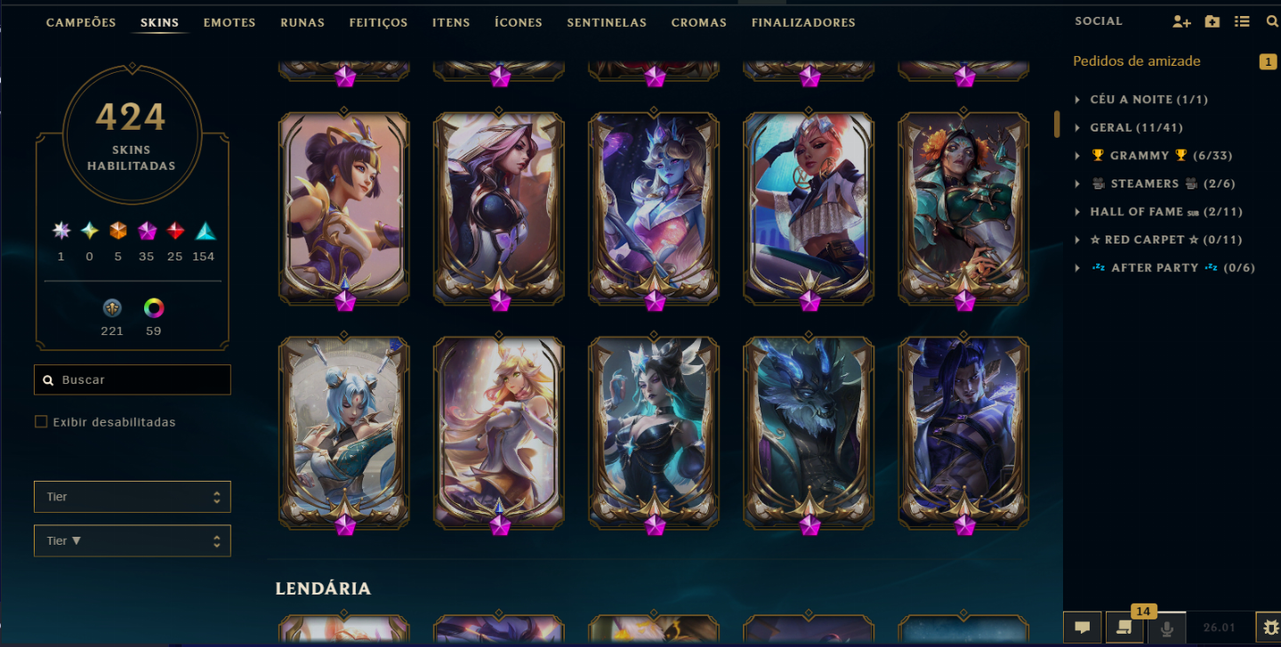 Conta do LOL com 34 Skins de Prestígio