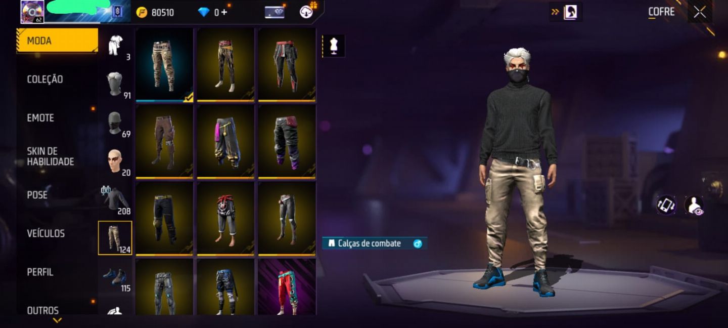 Conta free fire nível 72 gola alta preta, scar punho de ouro, via google!!