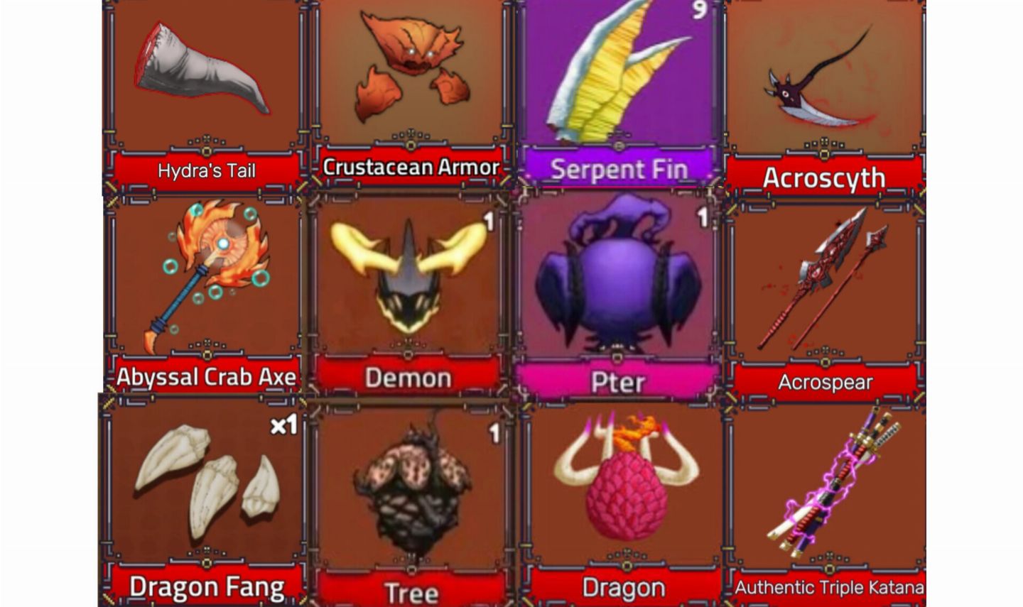 ESPADAS/ FRUTAS/ ACESSÓRIOS/MATERIAIS/ ITENS/ ITEM/ KING LEGACY