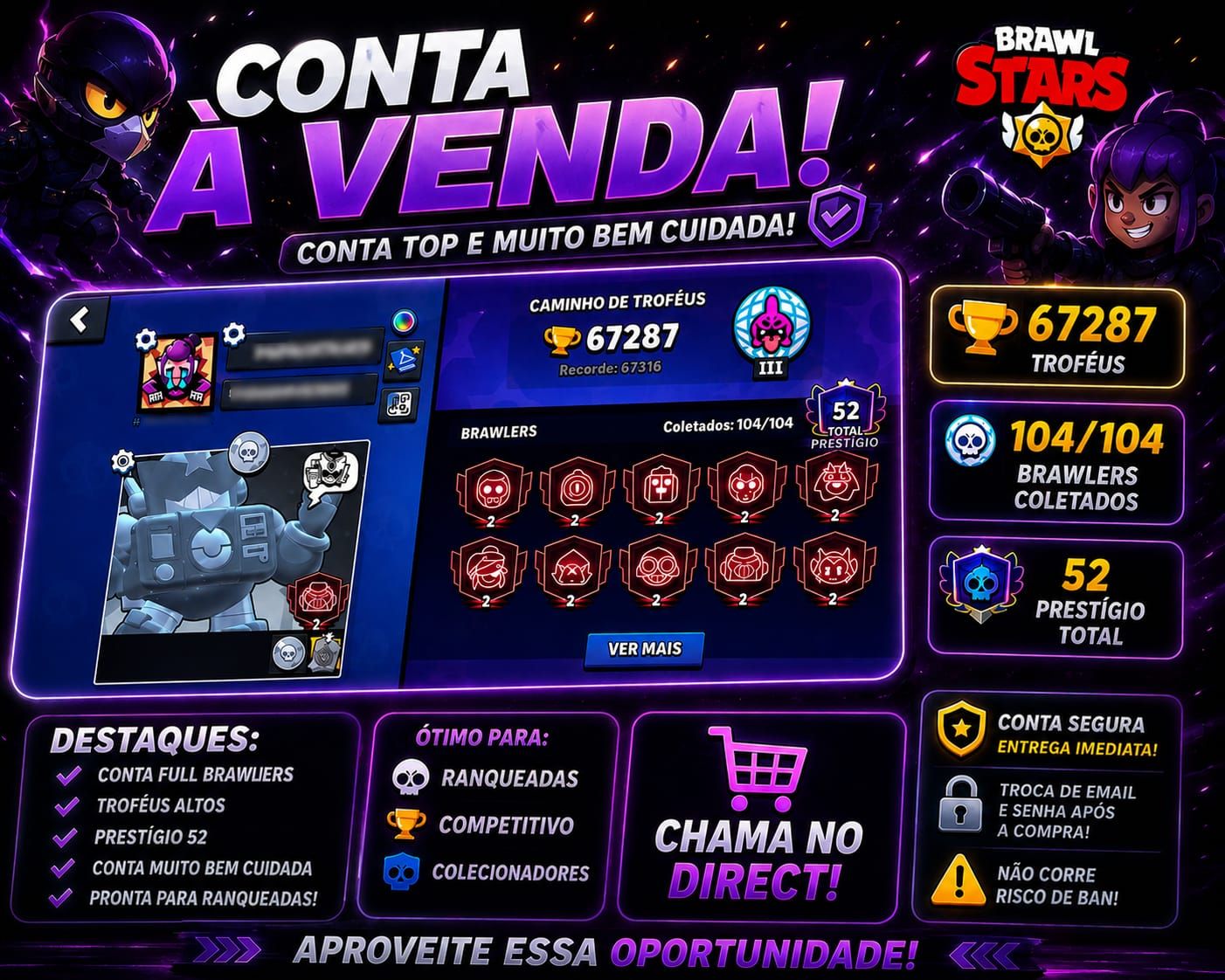 2 Contas Brawl Stars 67K+60K Troféus | 627 Skins | Endgame