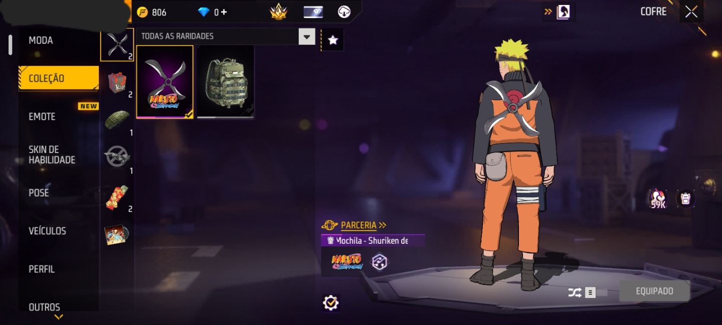 CONTA FF NIVEL 23 + SKIN DO NARUTO + BIO DE BATALHA + GELO + MOCHILA SHURIKEN