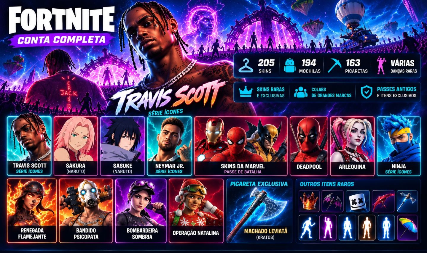 CONTA FORTNITE OG COM TRAVIS SCOTT | 205 SKINS | PICARETAS E ITENS RAROS