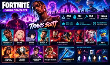 CONTA FORTNITE OG COM TRAVIS SCOTT | 205 SKINS | PICARETAS E ITENS RAROS