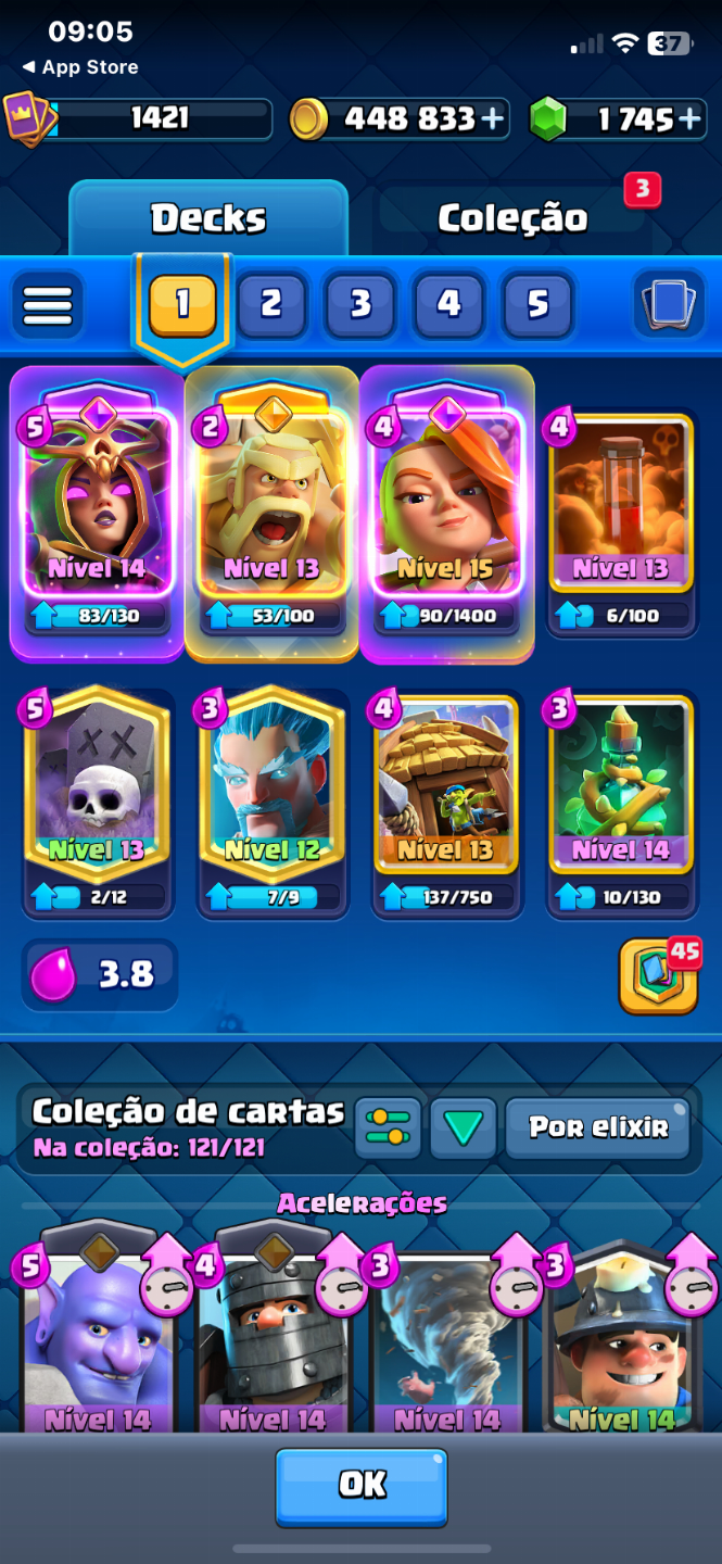 Clash Royale Nível 43 | 121/121 Cartas | 1345 Gemas | 9 Evoluções | Conta Forte
