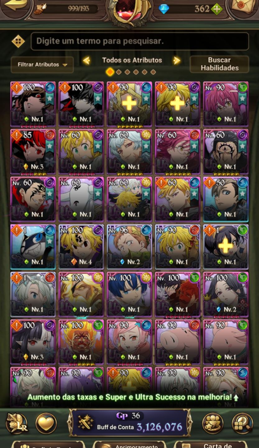 Conta 7ds grand cross Collab Persona5 personagens pvp e 362 a 400 diamantes