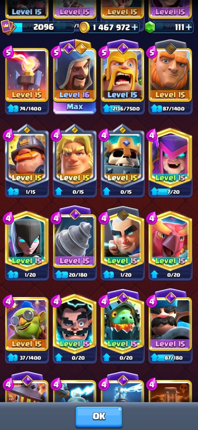 Conta Lvl 16 + todas cartas level 15 + 39 Evolucoes + 2 CRL BADGE+ Coleção 2096