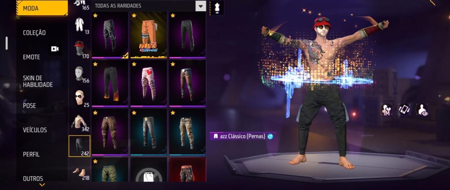 Conta de FF prime 7 com NARUTO, pé descalço, sombra roxa e jazz clássico