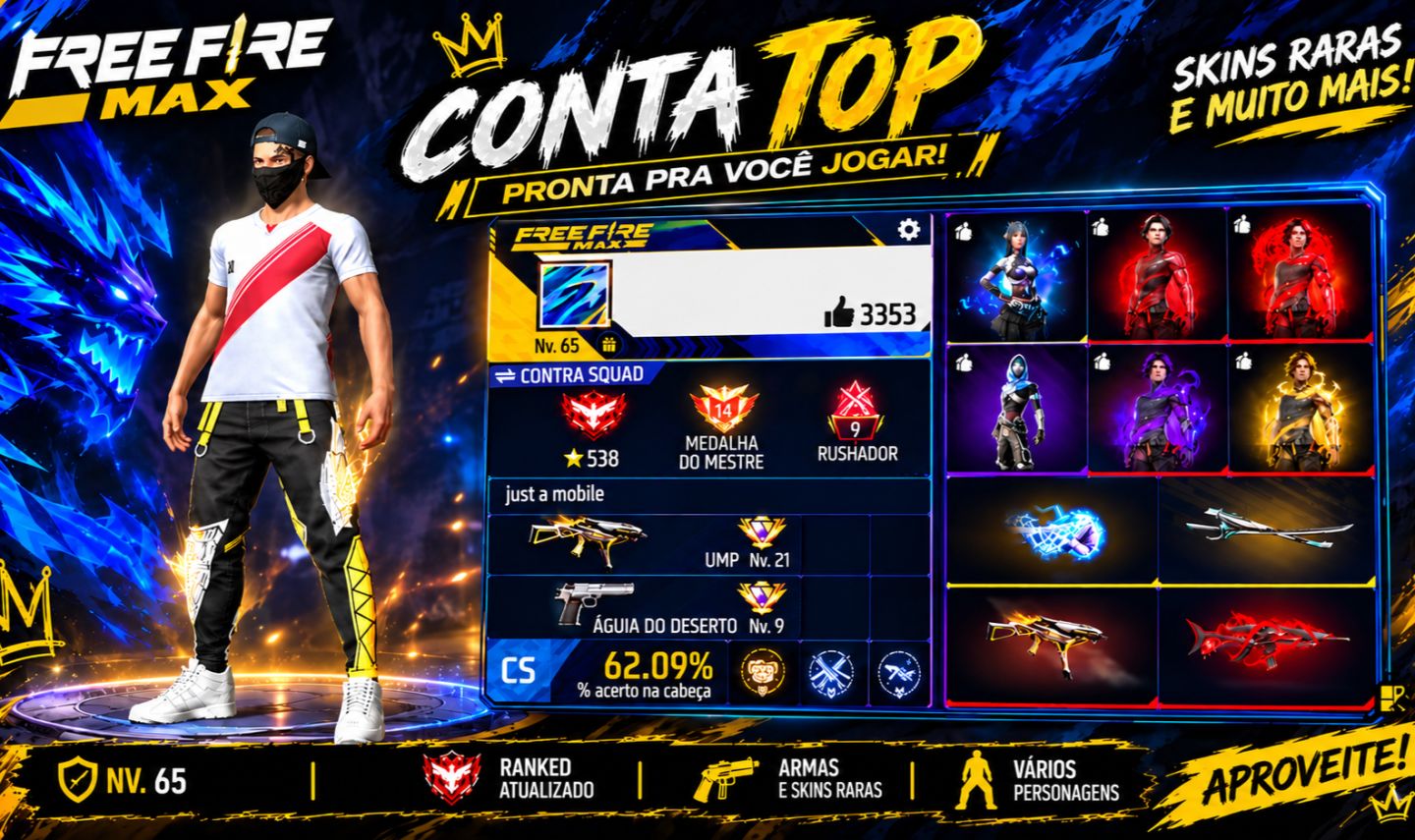 Conta Rara com Skin Angelical + UMP Booyah 2021 LV.5 + SCAR Megalodonte LV.5