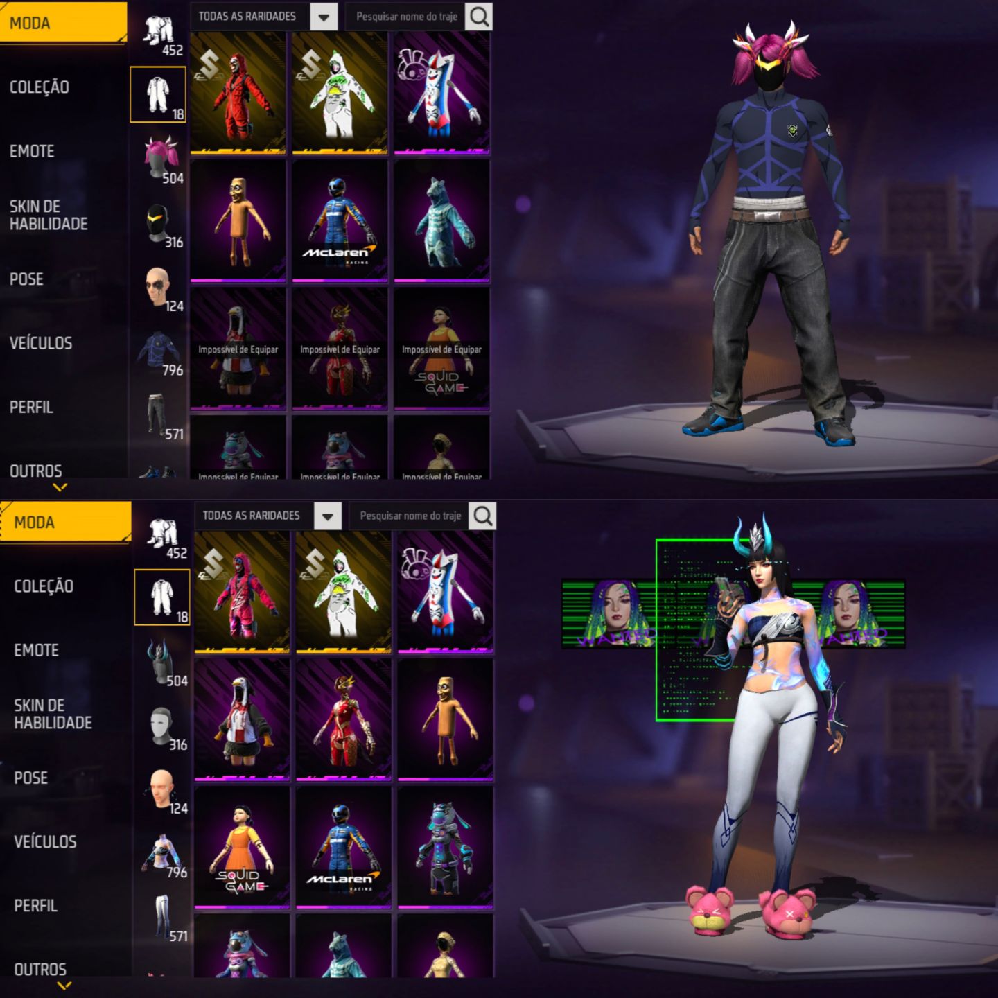 CONTA FREE FIRE FEMININA E MASCULINA, FOCO NO FEMININO