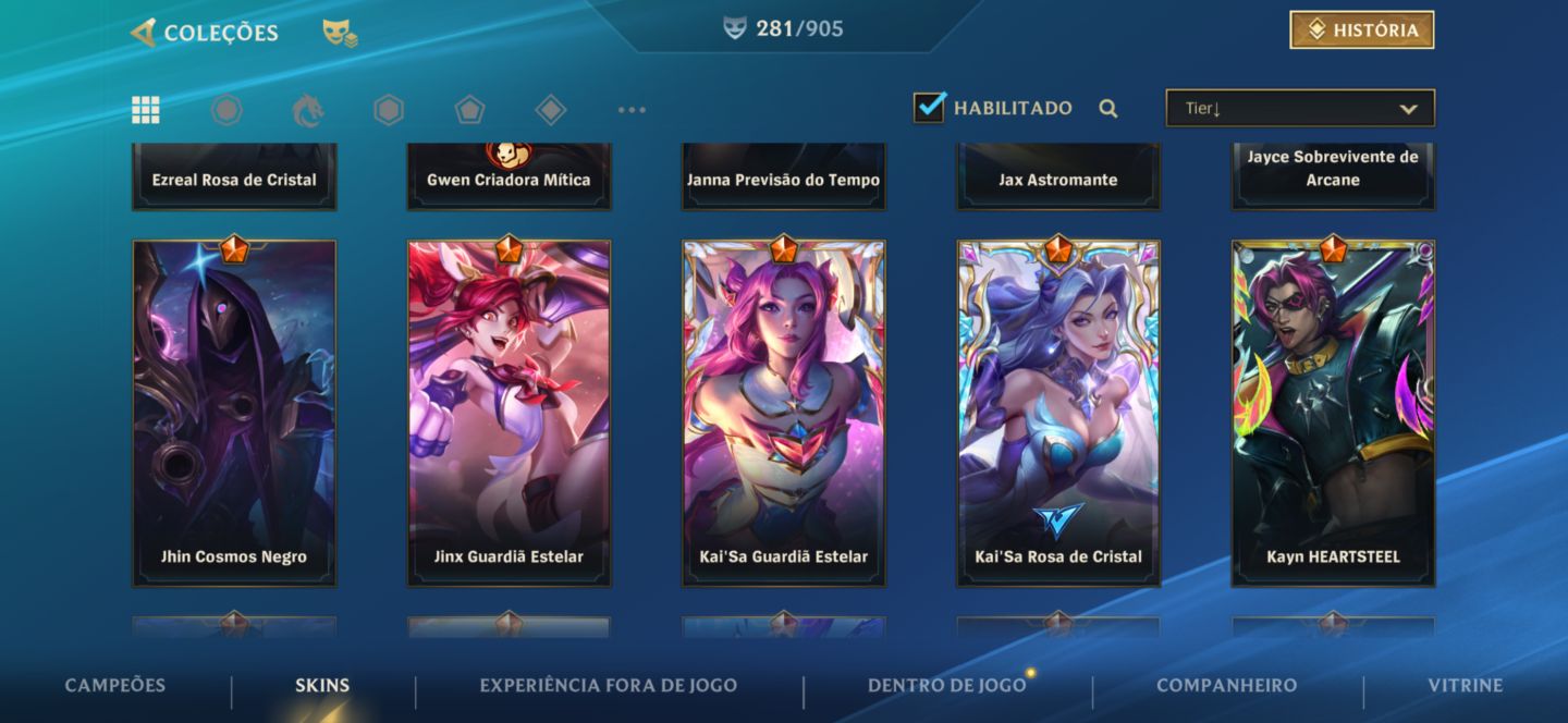 CONTA WILD RIFT COM 281 Skins, Challenger uma vez e tem 344 moedas laranjas