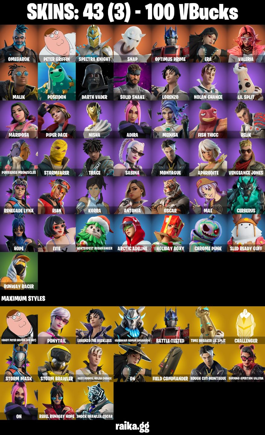 CONTA FORTNITE COM 43 SKINS OMEGAROK/MALIK/SABINA/MAE/OSCAR/ANTONIA/EVIE/HOPE/