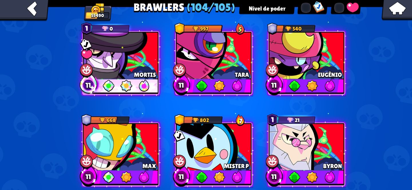 CONTA BRAWL STARS COM 63 PERSONAGENS NIVEL 11, 15 BRAWLERS COM TODOS OS BUFFIES
