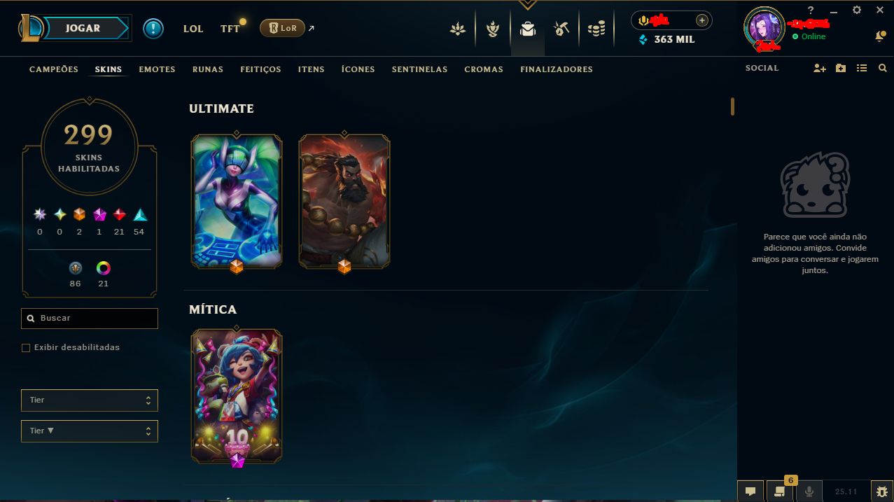 Conta league of legends, lv 336, todos os campeões, 299 skins(leia descrição)