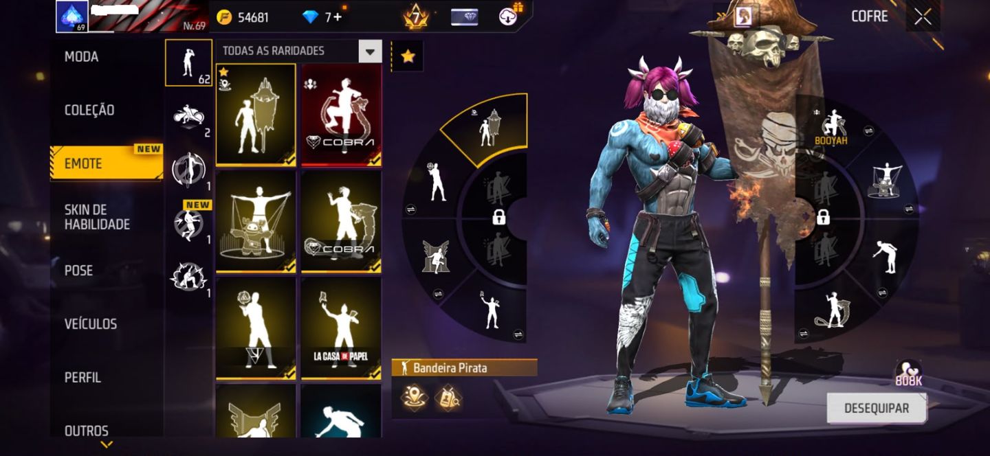 CONTA FREE FIRE - SKIN MANDELA , PASSE STEAM PUNK , PRIME 7 ,BANDEIRÃO ,UMP RUBI