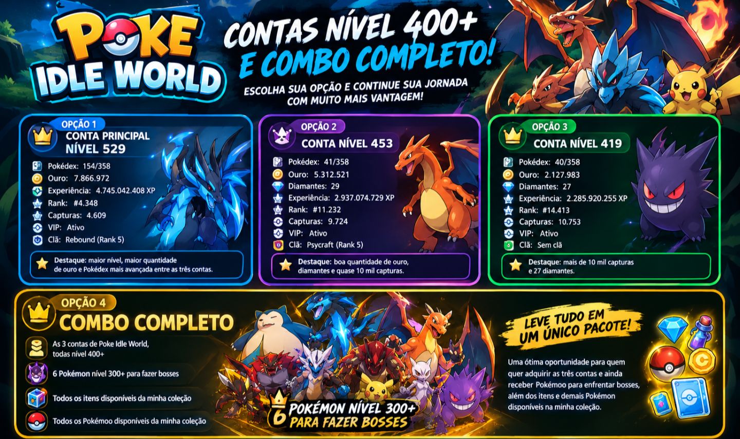 POKE IDLE WORLD CONTAS NÍVEL 400+ E COMBO COMPLETO!