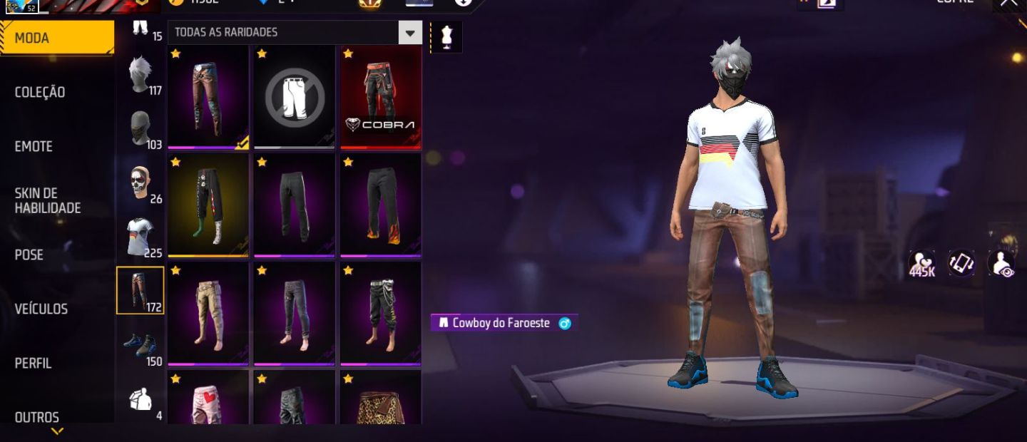 Conta de free fire com sombra roxa, aventureiro, coelhao e muita coisa antiga