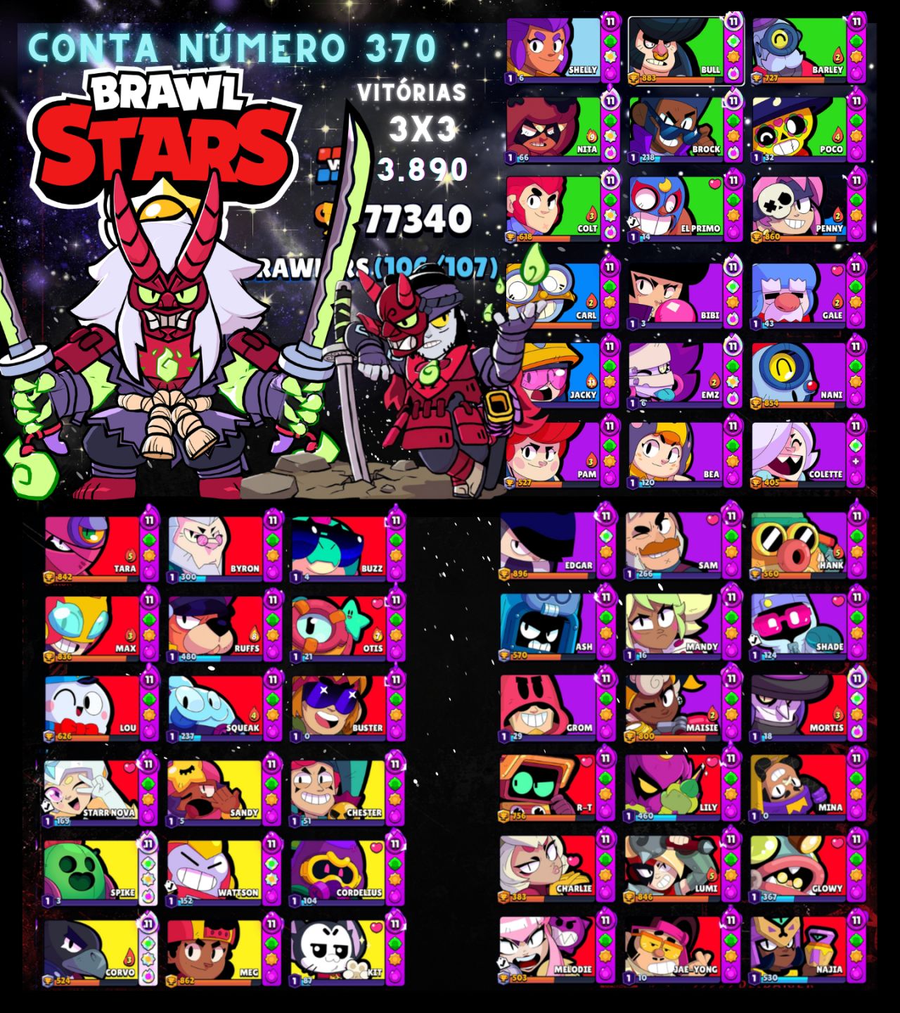Contas de Brawl Stars Upadíssimas com vários troféus e Skins