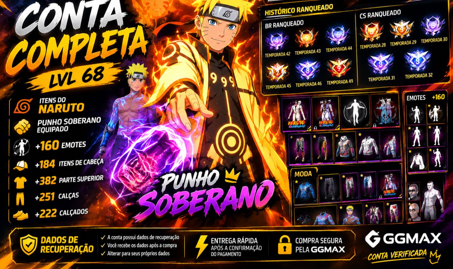 CONTA DE 8 ANOS DE FREE FIRE LVL 68 | NARUTO | +160 EMOTES | PUNHO SOBERANO |