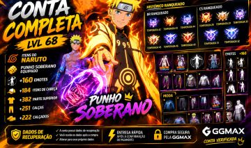 CONTA DE 8 ANOS DE FREE FIRE LVL 68 | NARUTO | +160 EMOTES | PUNHO SOBERANO |