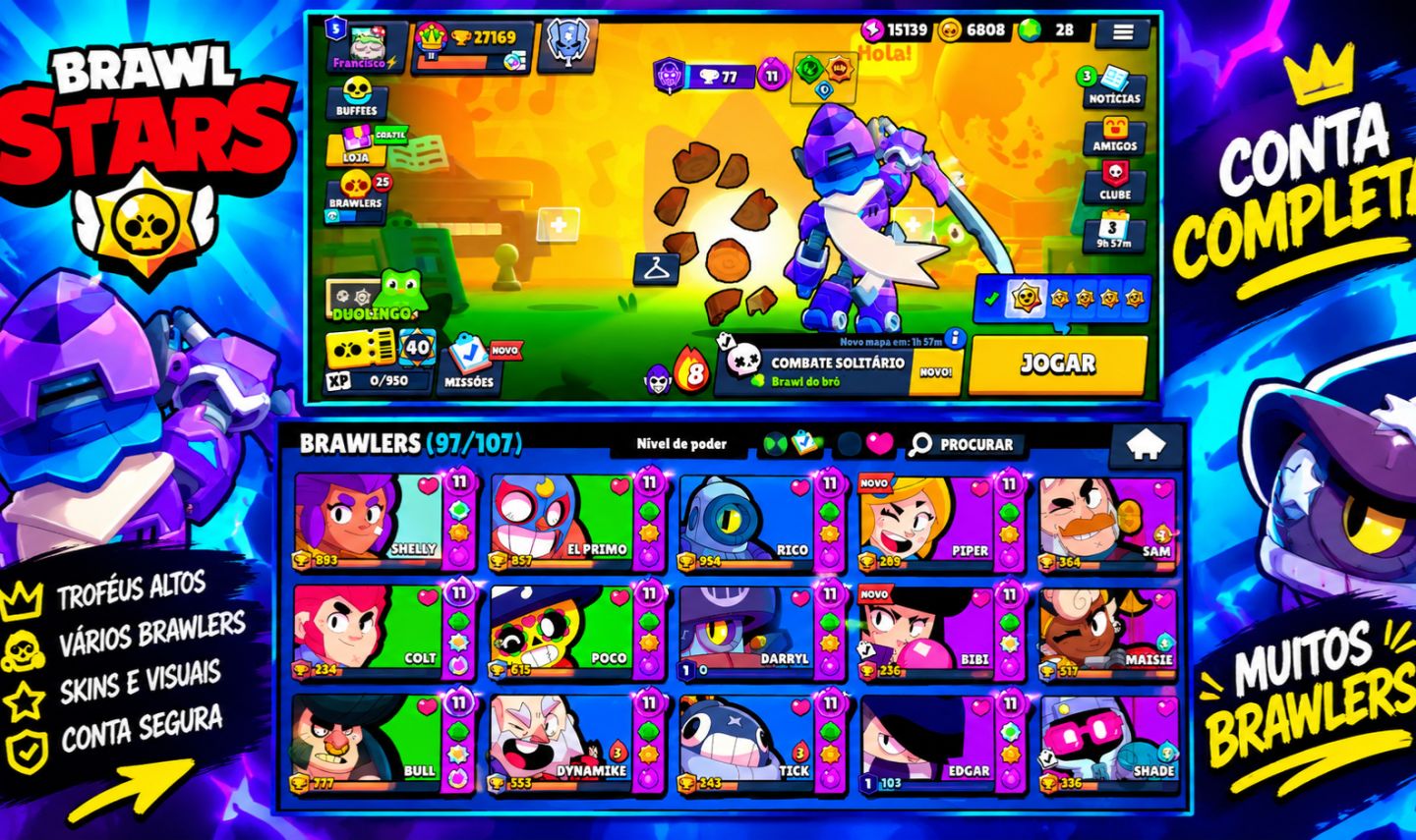 Conta Brawl Stars 27k+ Troféus | 97 Brawlers | Mortis Mecha + Hipercargas