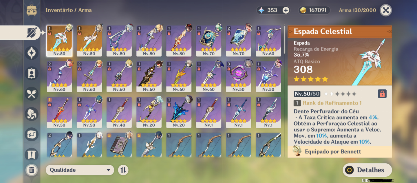 Conta Genshin F2P AR 53 com 4 personagens T5 e 2 armas T5