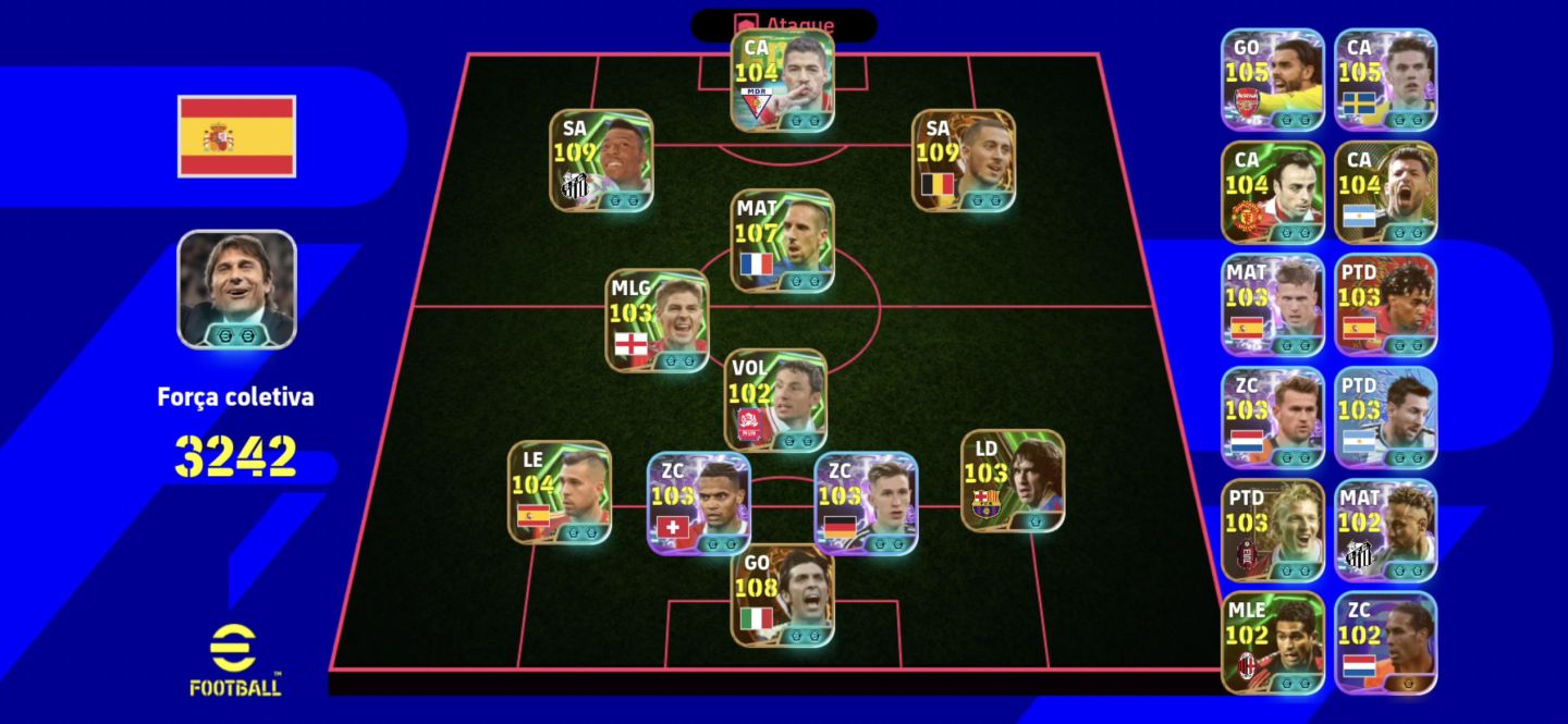 CONTA EFOOTBALL MOBILE 3242 FORÇA | PELÉ 109, HAZARD 109, BUFFON 108, RIBÉRY 107
