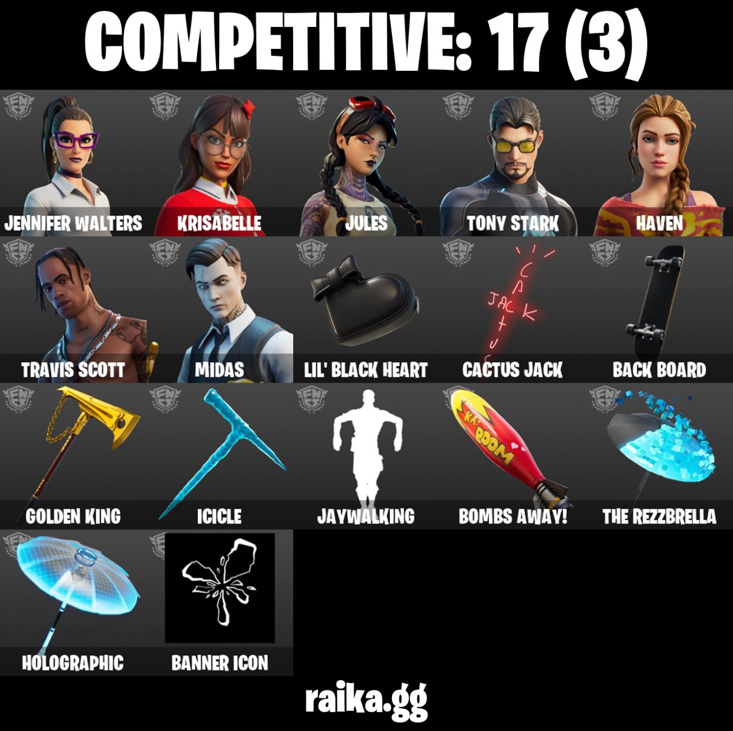 69 skins Travis Scott 3,3k VBucks Midas Tony stark