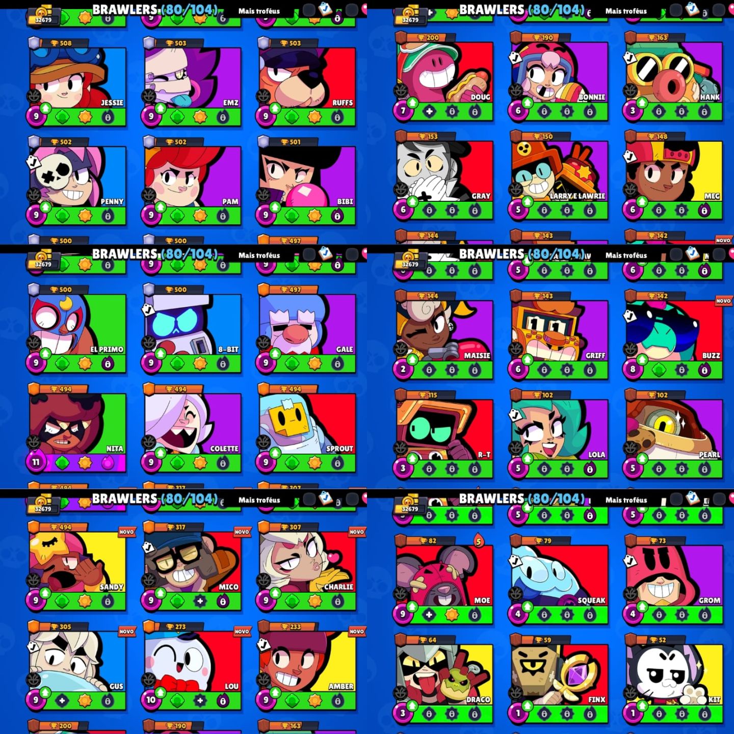Conta Brawl Stars - 32.679 Troféus | 80/104 Brawlers | 109 Skins | 9 Hipercargas