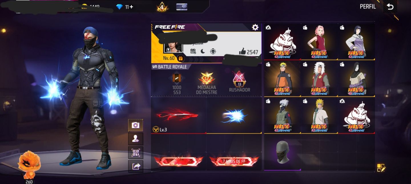 Conta Free Fire com os Conjuntos do Naruto Punho e Armas Evolutivas E muito Mai