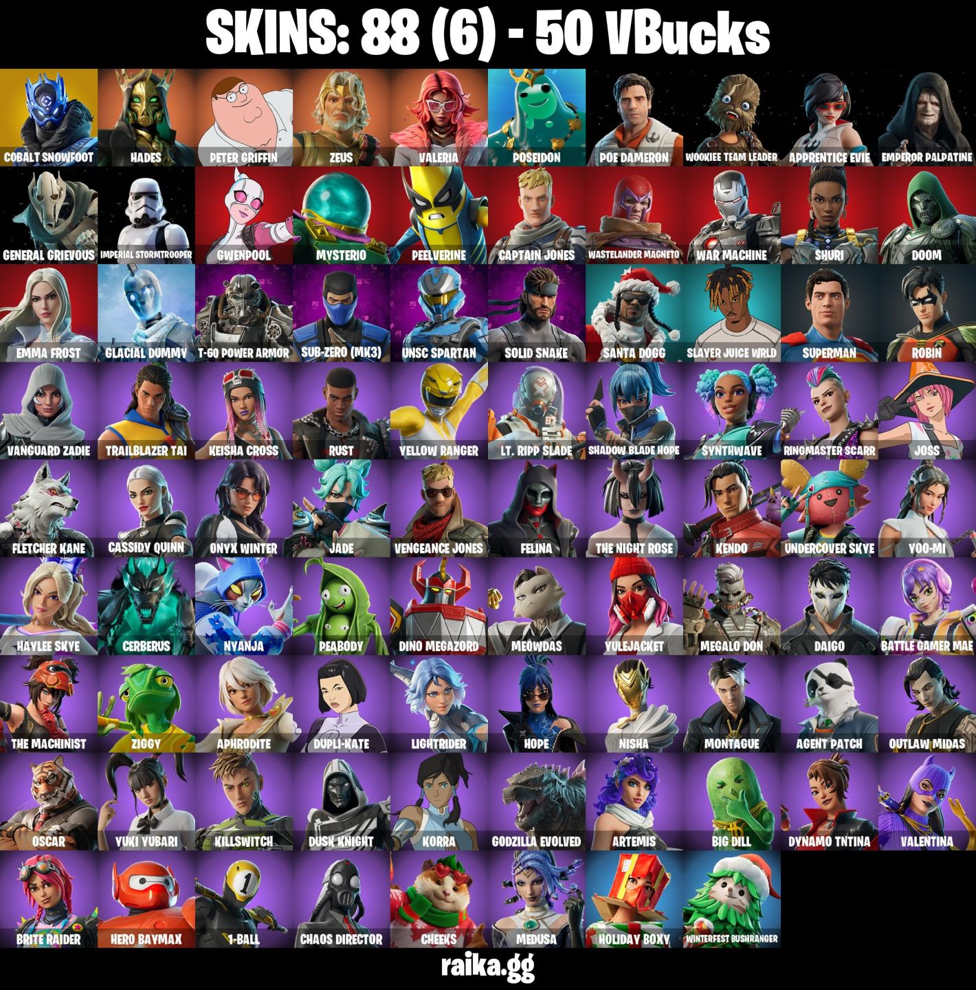 88 Skins - cobalt snowfoot, peter griffin, gwenpool, war machine, 50 vbucks