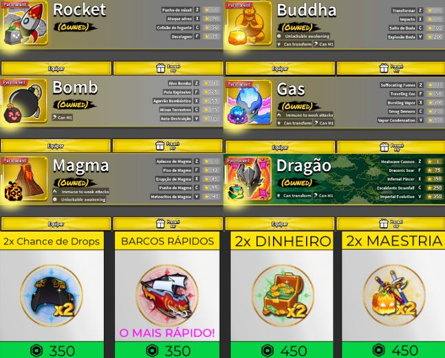 Conta de Blox fruits Com Dragon, Buddha, Gas Permanente, Gamepass e muitos mais
