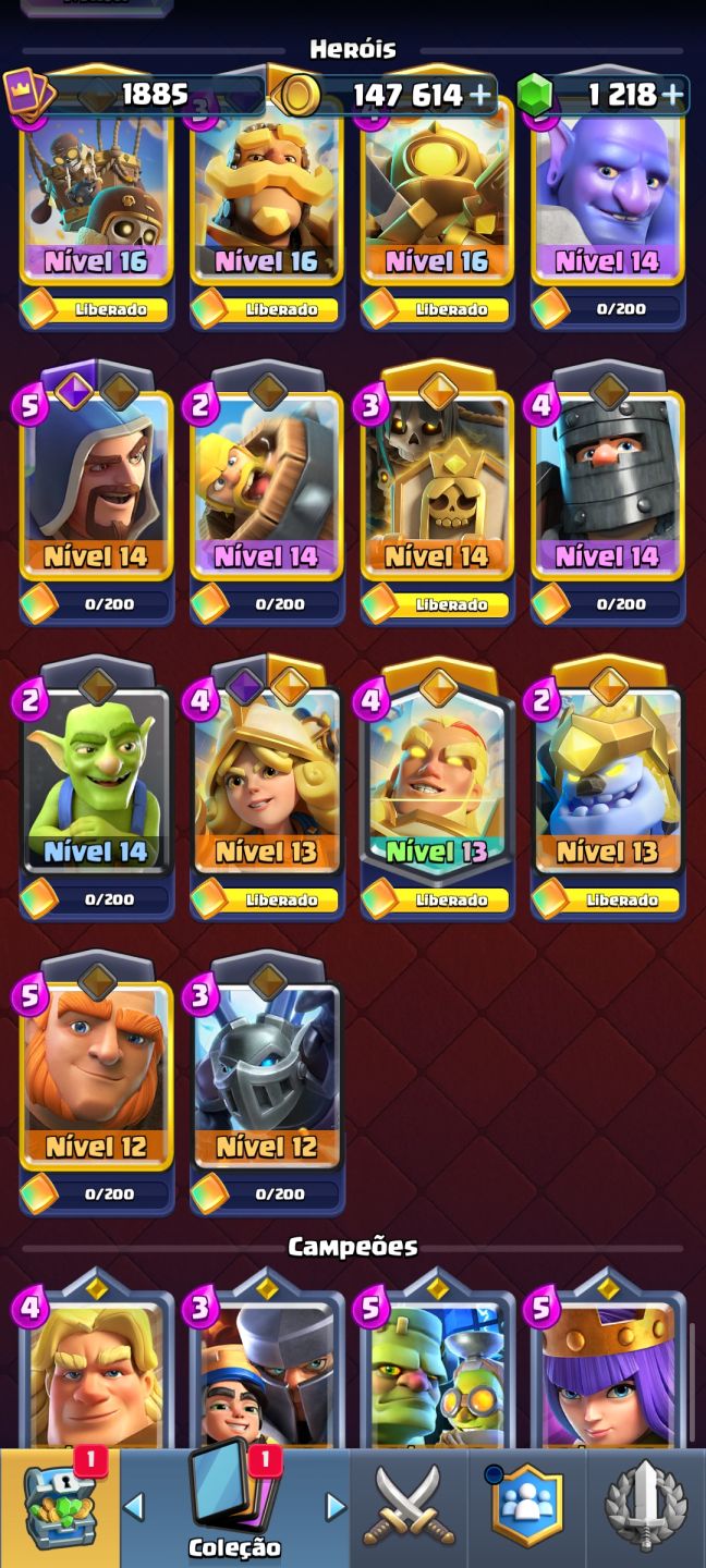 Conta Clash Royale niver da conta 16, vários emoji e evolução.