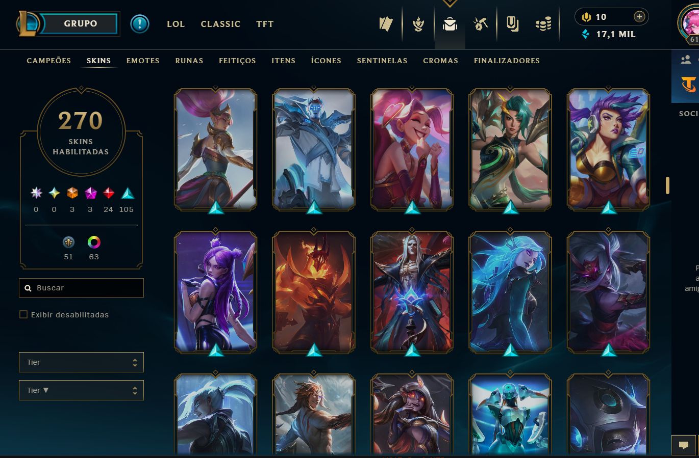 CONTA LOL - 270 SKINS - UNRANKED - 70 CROMAS - LV 610 - DONO ÚNICO - SKINS BOAS