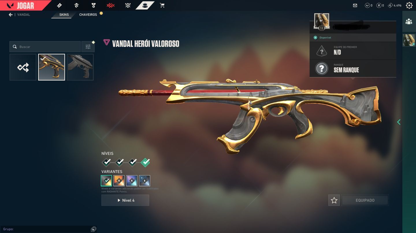 CONTA VALORANT PLATINA 3 COM VANDAL HEROI VALOROSO E PACOTE CHAMPIONS 2026