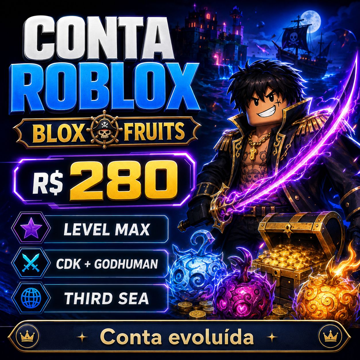 CONTA BLOX FRUITS LEVEL MAX | CDK + GODHUMAN | THIRD SEA | CONTA EVOLUÍDA