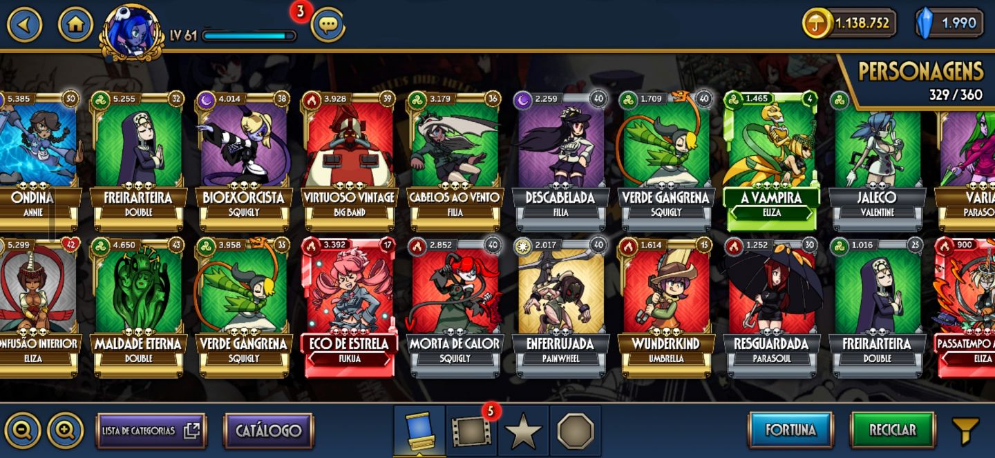 Conta Skullgirls Level 61, Desapego!!