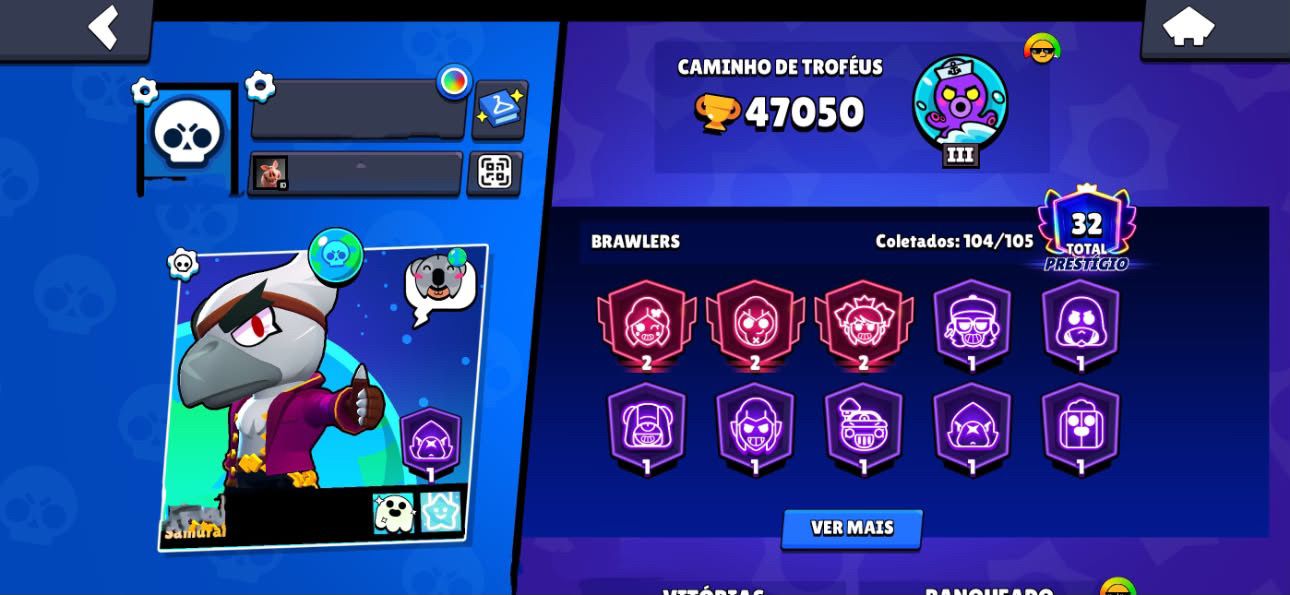 CONTA DE BRAWL STARS 47k de troféus,3 brawllers com 2 k ,32 prestígios,