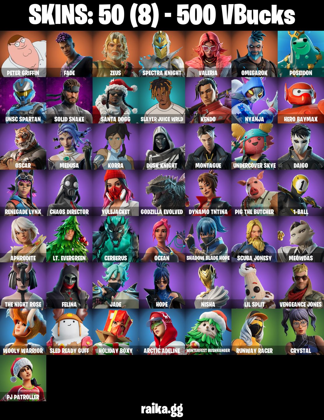CONTA FORTNITE COM 50 SKINS SOLID SNAKE/OCEAN/NISHA/SCUBA JONESY/VALERIA